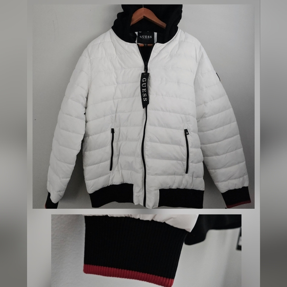 Men's GUESS White Puffer Quilted Jacket Hooded Red Trim XL - Picture 3 of 12